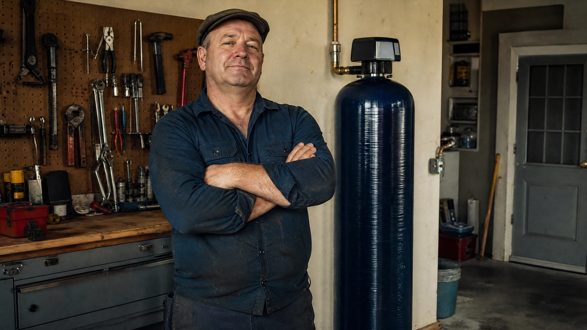 A man standing proudly next to his whole-house water filter tank